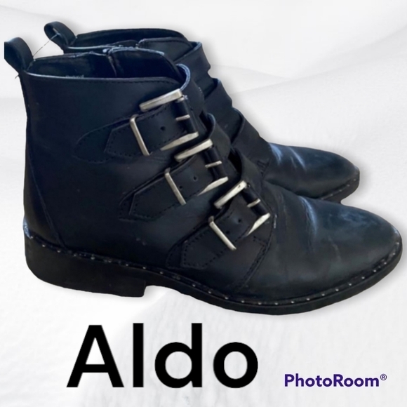 ALDO Leather Buckle & Stud Detail Black Ankle Boots Size 6 - Picture 4 of 9